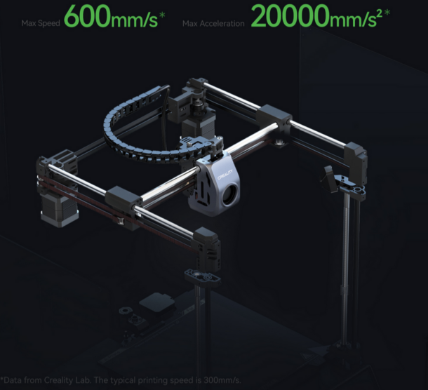 L'imprimante 3D Creality K1 SE en pleine action, illustrant sa capacité d'impression à haute vitesse jusqu'à 600 mm/s.